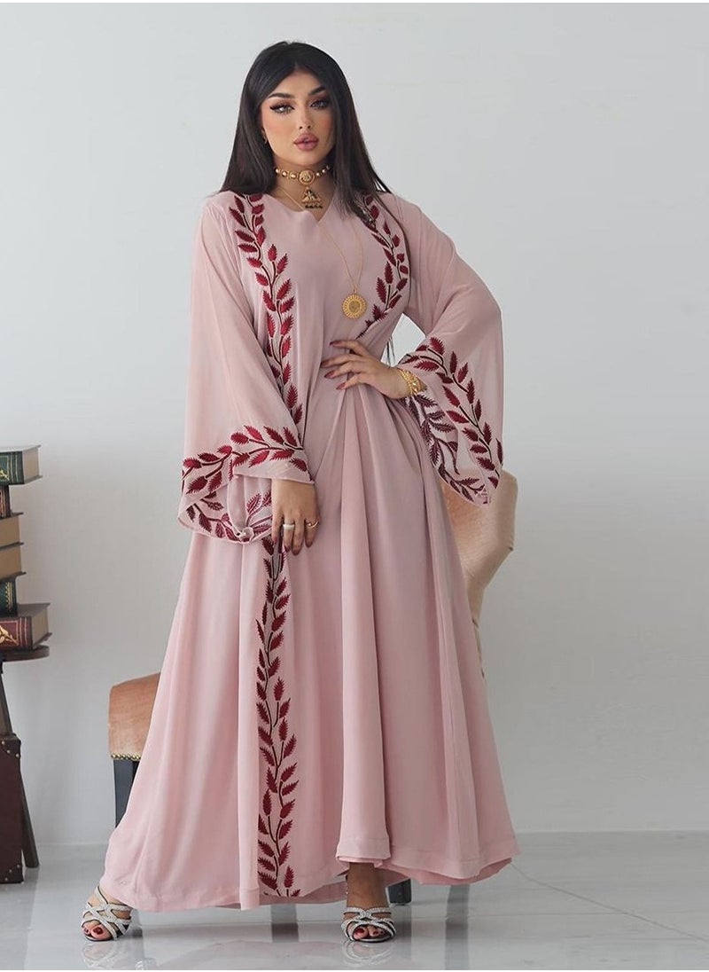 Best Gift Fashion - Fashion Chiffon Floral Embroidered Abaya With Hijab Pink Color - Image 1