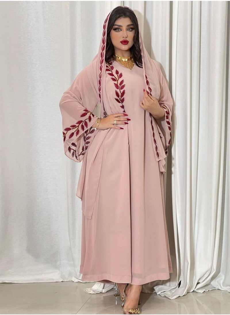Best Gift Fashion - Fashion Chiffon Floral Embroidered Abaya With Hijab Pink Color - Image 1