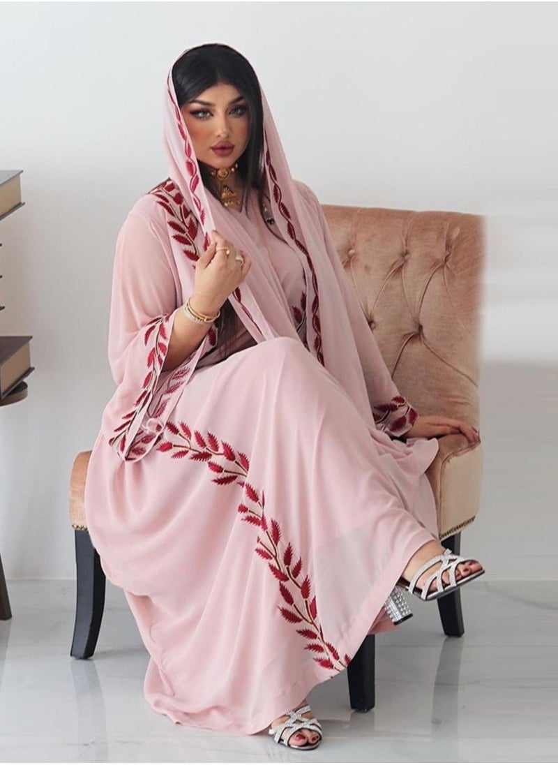 Best Gift Fashion - Fashion Chiffon Floral Embroidered Abaya With Hijab Pink Color - Image 1