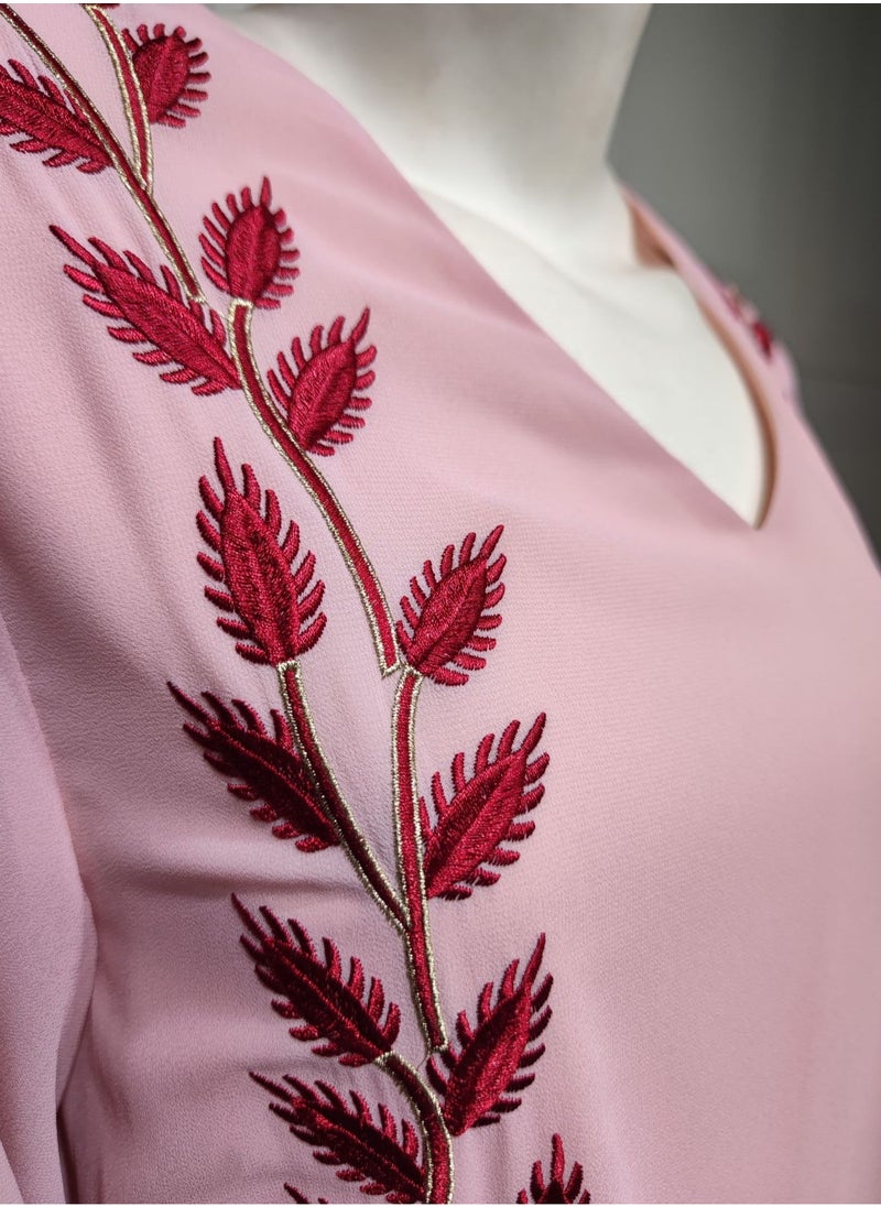 Best Gift Fashion - Fashion Chiffon Floral Embroidered Abaya With Hijab Pink Color - Image 1