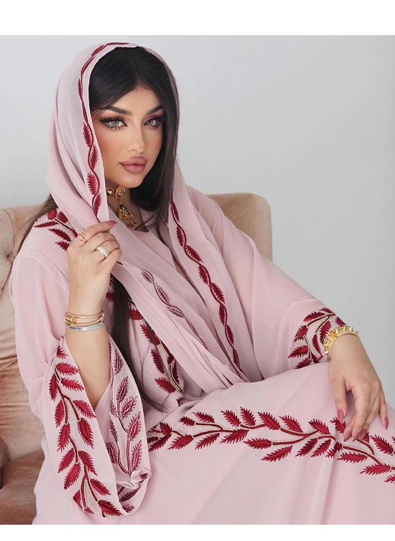 Best Gift Fashion - Fashion Chiffon Floral Embroidered Abaya With Hijab Pink Color - Image 1