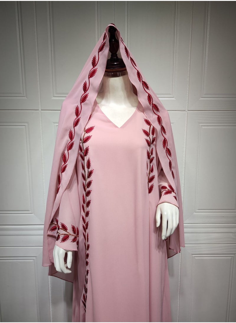 Best Gift Fashion - Fashion Chiffon Floral Embroidered Abaya With Hijab Pink Color - Image 1
