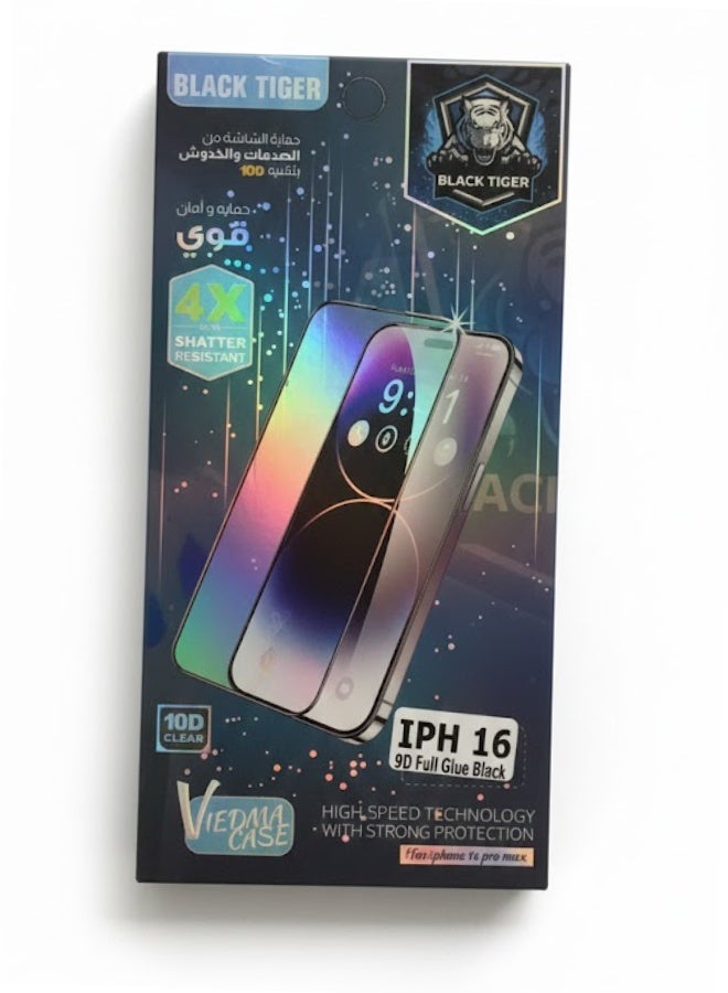 Black Tiger 10D Full Glue Black Tempered Glass Screen Protector for iPhone 16 with 4X Shatter Resistance and Strong Protection