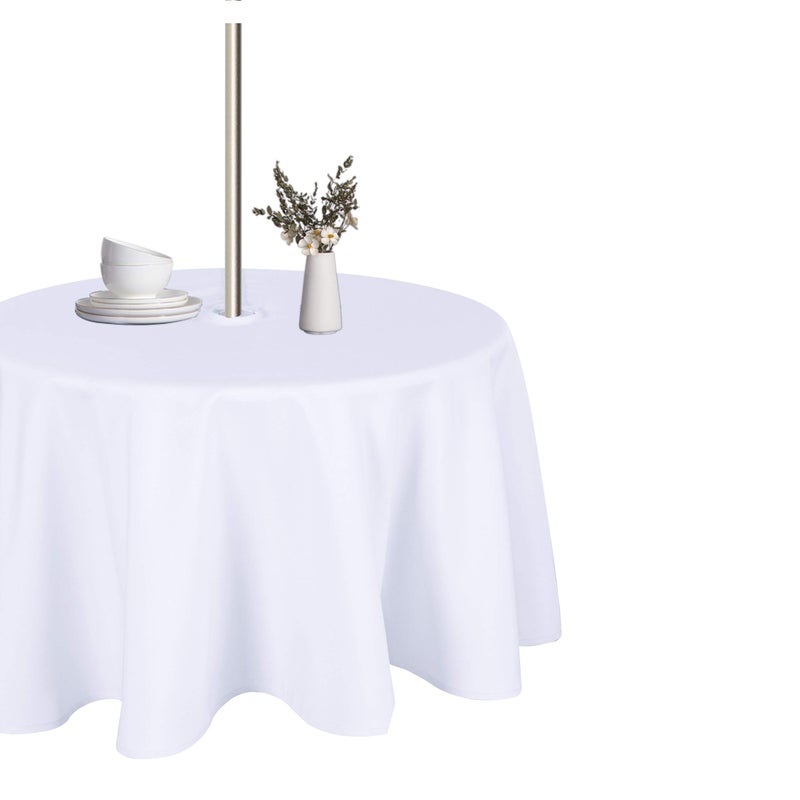 LUSHVIDA Round Outdoor Tablecloth with Umbrella Hole and Zipper 60 Inch White Washable Waterproof Table Cloth Spill Proof Wrinkle Free Table Cover for Patio Spring Summer Picnic BBQS
