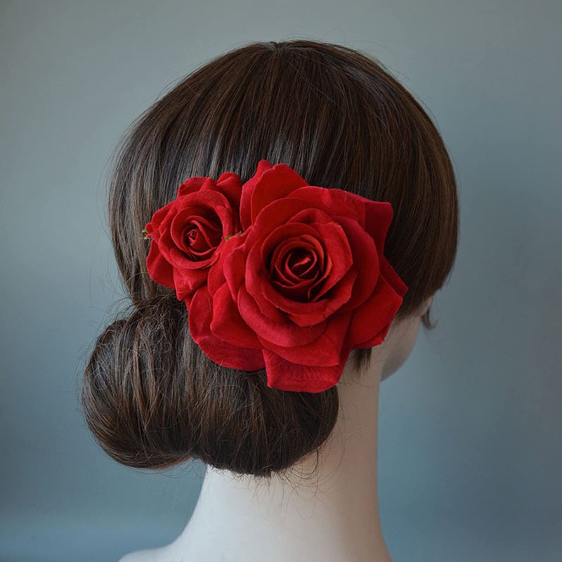 Kriccio Flower Hair Combs, Rose Flower Bohemia Hairpin Bride Hanfu Costume Hair Decor for Party Wedding Red(1pc) - Image 4