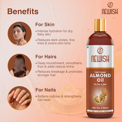 Newish Pure Cold Pressed Almond Oil for Hair Growth | 200 ml | Glowing Skin & Body Massage | Vitamin E Rich | Non-Sticky & Lightweight - Image 3