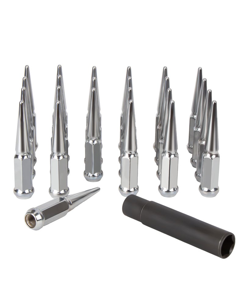 glorider M14x15 Spike Lug Nuts Chevy Silverado 6 Lug 24pcs 44 Tall Chrome Spiked Lug Nut 6x55 Conical Bulge Seat with 1 Socket Key Compatible with Chevy Silverado GMC Sierra Ford F150 Ram 1500