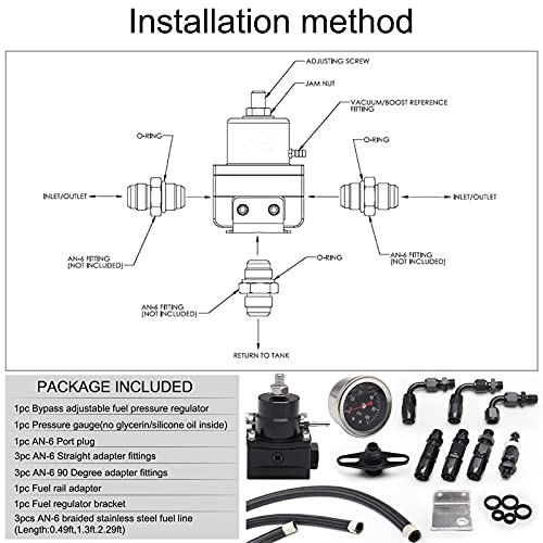 WENJTP EFI Fuel Pressure Regulator Kit with 0-100psi Pressure Gauge AN6-6AN Aluminum Adjustable Universal Fuel Line Hose Fitting Connectors Kit Black HTRACING - Image 3