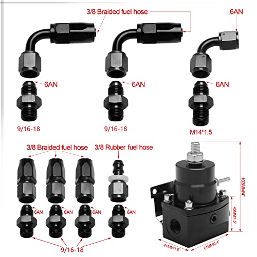 WENJTP EFI Fuel Pressure Regulator Kit with 0-100psi Pressure Gauge AN6-6AN Aluminum Adjustable Universal Fuel Line Hose Fitting Connectors Kit Black HTRACING - Image 5