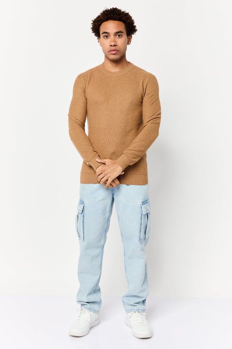 Celio Men Crew Neck Textured Sweater, Brown - Image 2