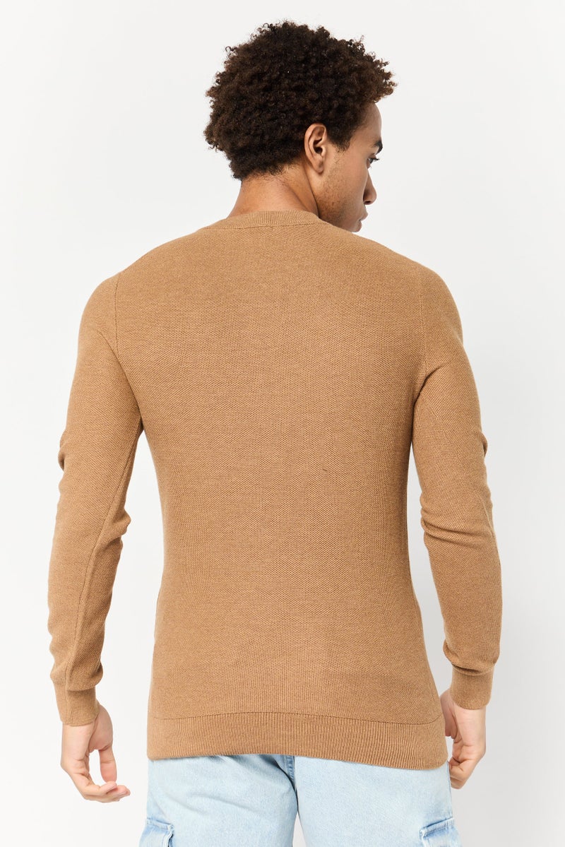 Celio Men Crew Neck Textured Sweater, Brown - Image 4