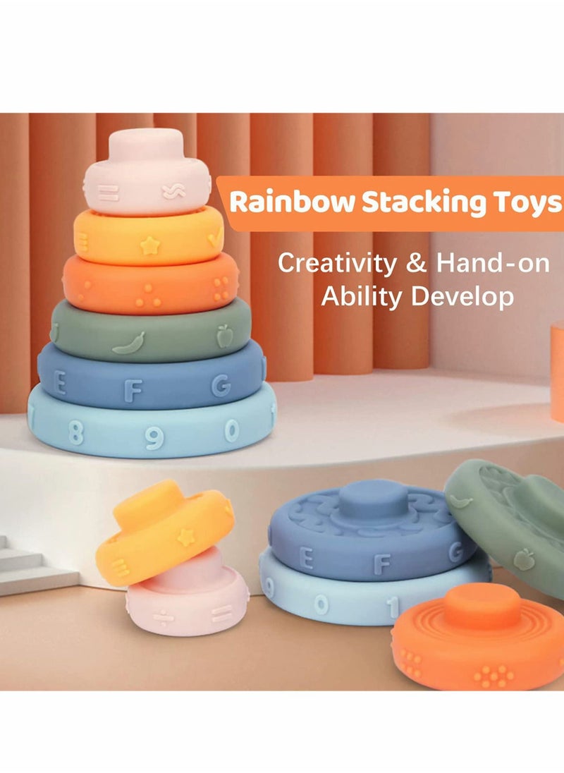 Excefore - Baby Teething Toys, Stacking Nesting Toys, Soft Building Stacker Squeeze Toy, Baby Montessori Sensory Toys with Number, Fruit and Shape, Early Learning, Natural Brain Development for Baby (6 PCS) - Image 1