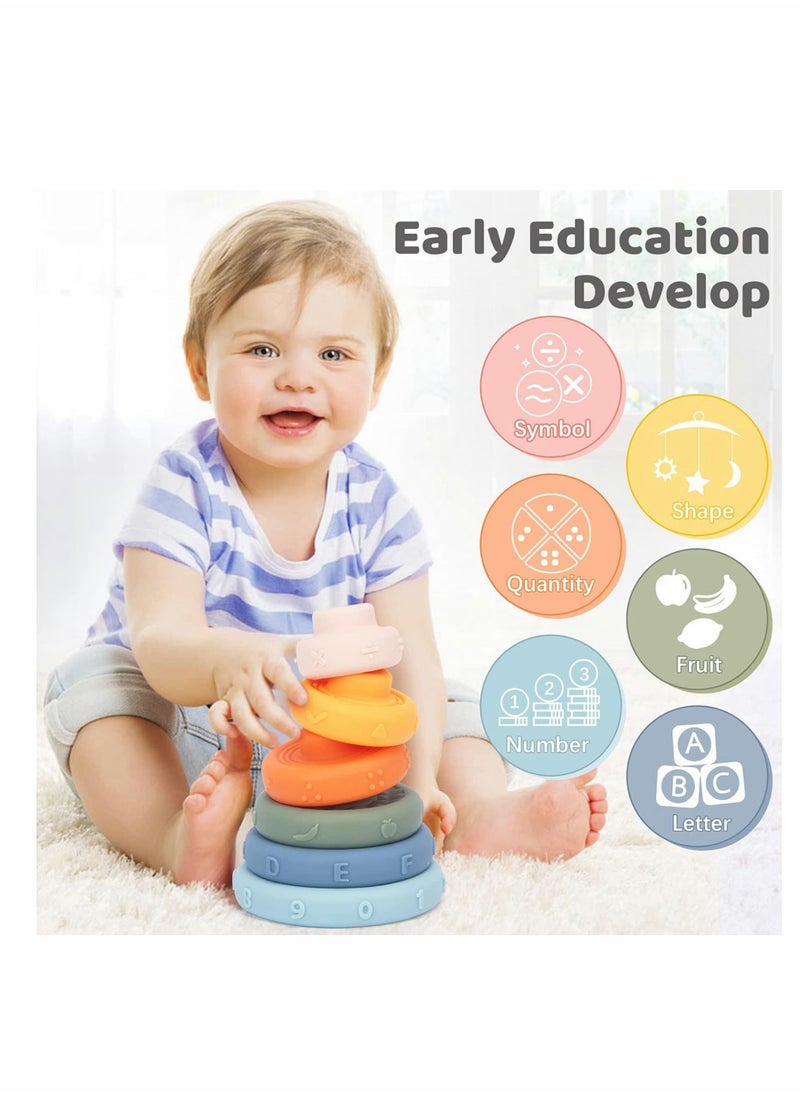 Excefore - Baby Teething Toys, Stacking Nesting Toys, Soft Building Stacker Squeeze Toy, Baby Montessori Sensory Toys with Number, Fruit and Shape, Early Learning, Natural Brain Development for Baby (6 PCS) - Image 1