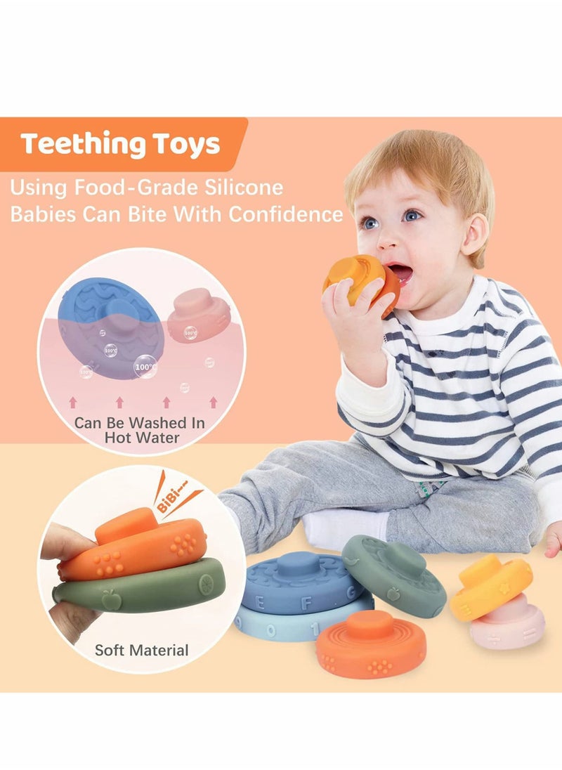 Excefore - Baby Teething Toys, Stacking Nesting Toys, Soft Building Stacker Squeeze Toy, Baby Montessori Sensory Toys with Number, Fruit and Shape, Early Learning, Natural Brain Development for Baby (6 PCS) - Image 1