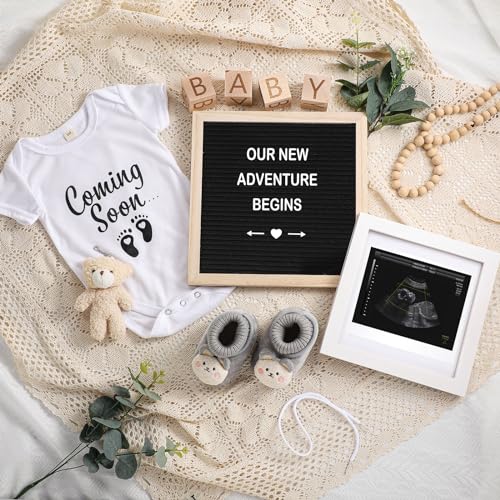 Canlierr 9 Pcs Pregnancy Announcement Set Pregnancy Reveal Ideas Felt Letter Board Baby Bodysuit Booties Photo Frame Bear Plush Wood Blocks for Coming Soon Baby Announcement(Black) - Image 1