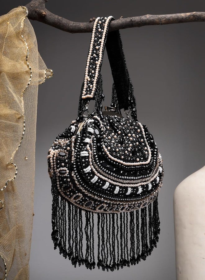 Anekaant Droop Black & Pastel Multi Bead Work Embellished Faux Silk Clutch - Image 2