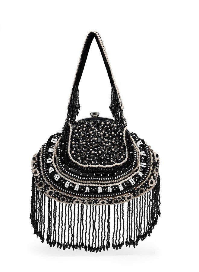 Anekaant Droop Black & Pastel Multi Bead Work Embellished Faux Silk Clutch - Image 5