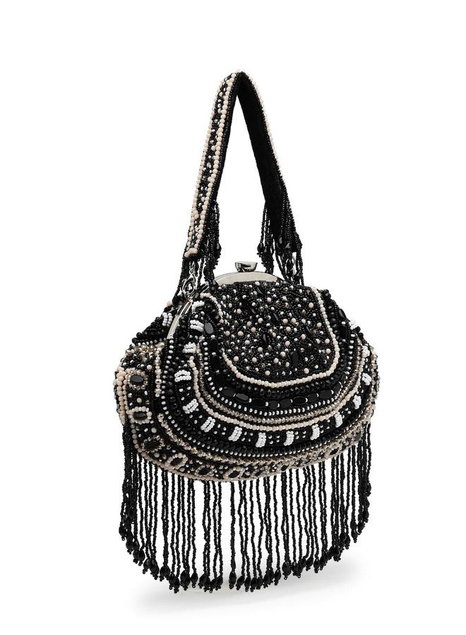 Anekaant Droop Black & Pastel Multi Bead Work Embellished Faux Silk Clutch - Image 4