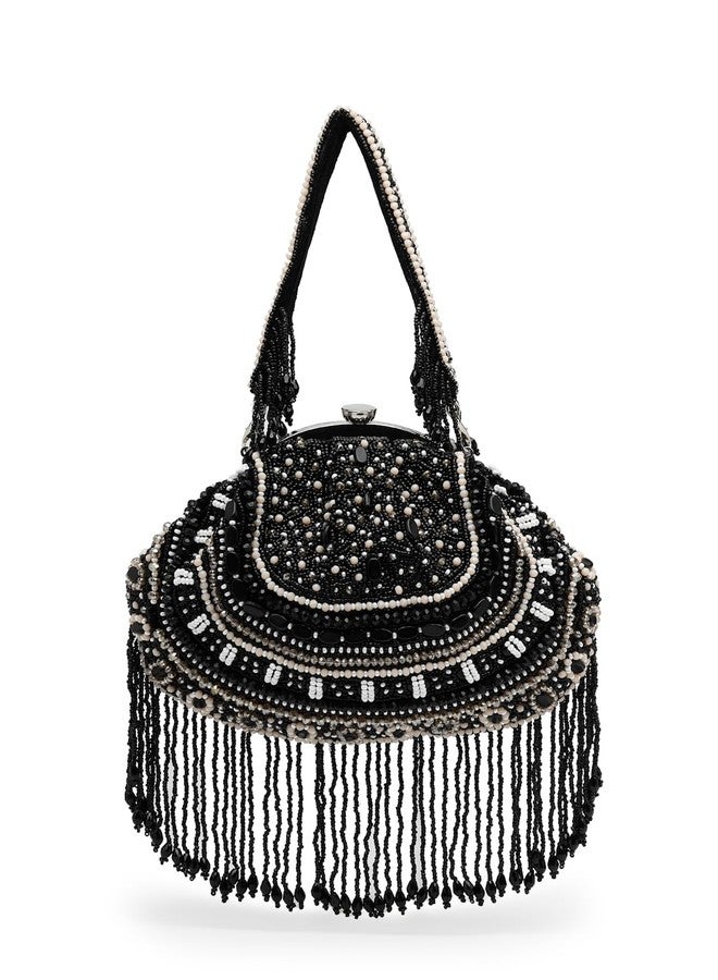 Anekaant Droop Black & Pastel Multi Bead Work Embellished Faux Silk Clutch - Image 1