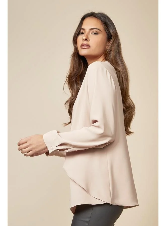 Hoxton Gal Beige Relaxed-Fit Layered Long-Sleeve Blouse