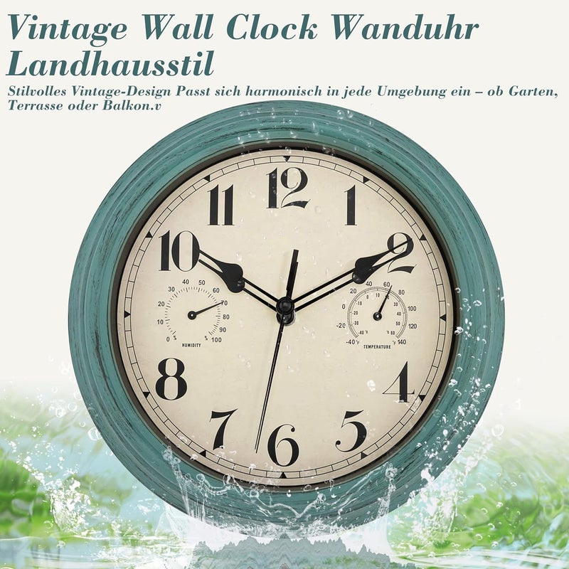 Foxtop Waterproof Silent Wall Clock with Thermometer and Hygrometer, 30 cm Outdoor Retro Garden Clock, Wall Clock, No Ticking Noise, Garden Clock, Weatherproof Outdoor for Bathroom, Garden, Kitchen - Image 3