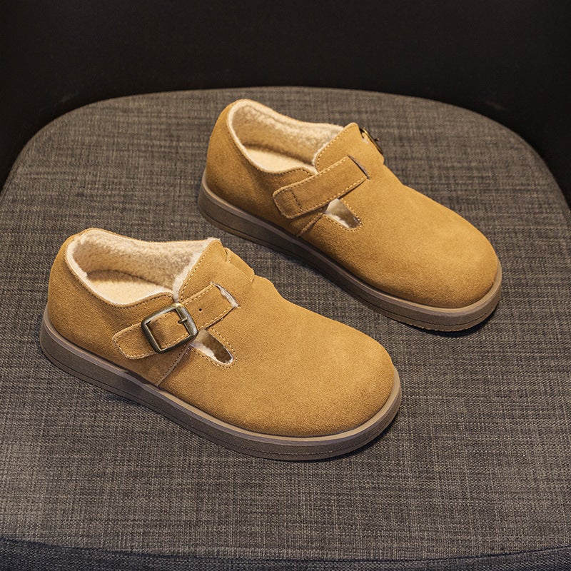 Women'S Shallow Cotton Shoes With Integrated Leather And Fur, Fleece-Lined For Warmth, 2024 Winter New Style, Retro Birkenstock Shoes, Genuine Leather Flat Snow Boots - Image 2