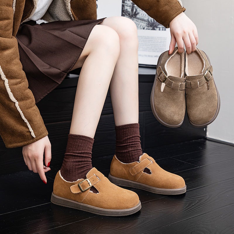 Women'S Shallow Cotton Shoes With Integrated Leather And Fur, Fleece-Lined For Warmth, 2024 Winter New Style, Retro Birkenstock Shoes, Genuine Leather Flat Snow Boots - Image 5