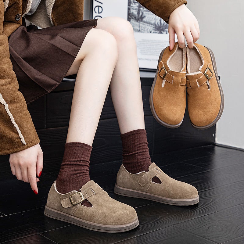 Women'S Shallow Cotton Shoes With Integrated Leather And Fur, Fleece-Lined For Warmth, 2024 Winter New Style, Retro Birkenstock Shoes, Genuine Leather Flat Snow Boots - Image 4