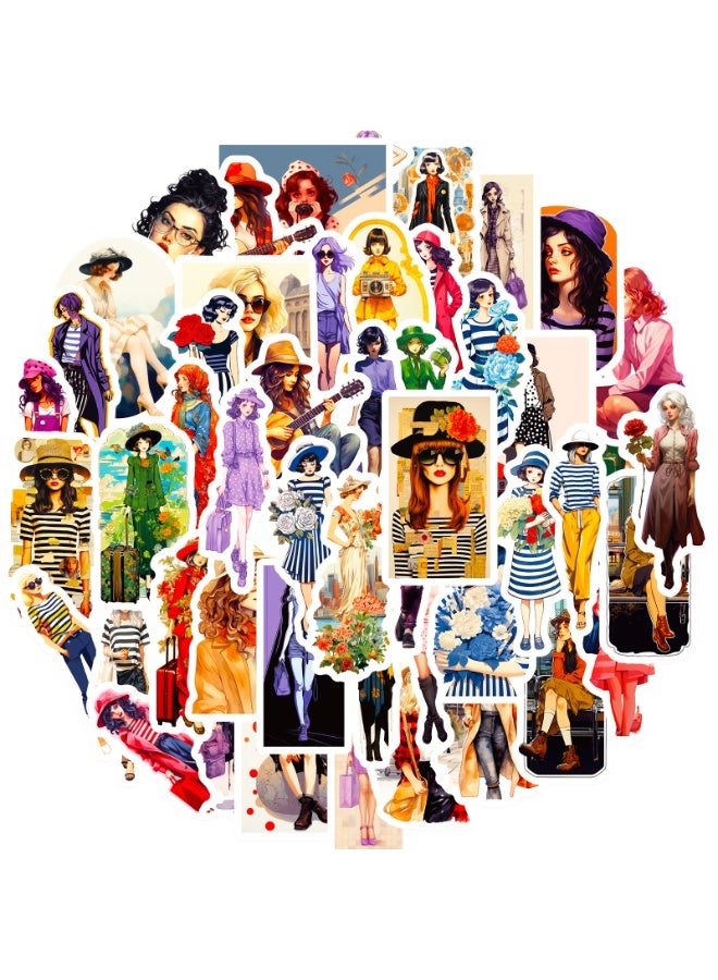 NIBEMINENT 50 Pcs Cute Urban Girl Deco Kit Waterproof Stickers, High Definition Printing Bright Colors, Suitable for Laptop Skateboard Luggage Water Bottle Guitar DIY - Image 1