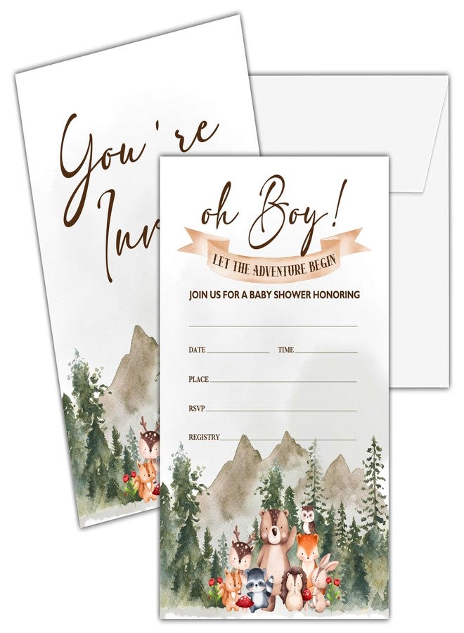 Cazhes Oh Boy! Baby Shower Invitations, 25 Double-Sided Adventure Baby Shower Invites with Envelopes, Woodland Animals Party Decorations Supplies Favors - A01 - Image 1