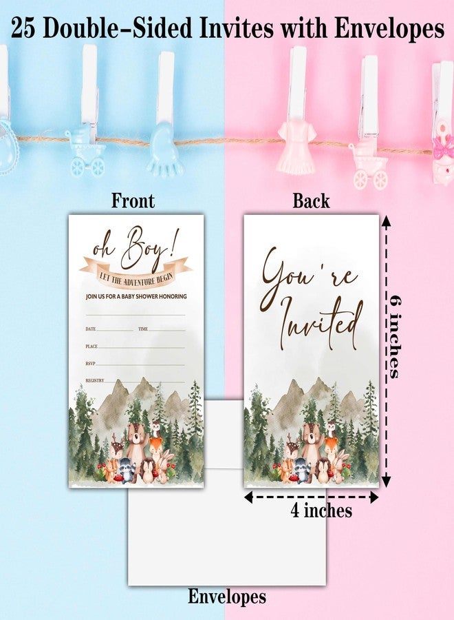 Cazhes Oh Boy! Baby Shower Invitations, 25 Double-Sided Adventure Baby Shower Invites with Envelopes, Woodland Animals Party Decorations Supplies Favors - A01 - Image 2
