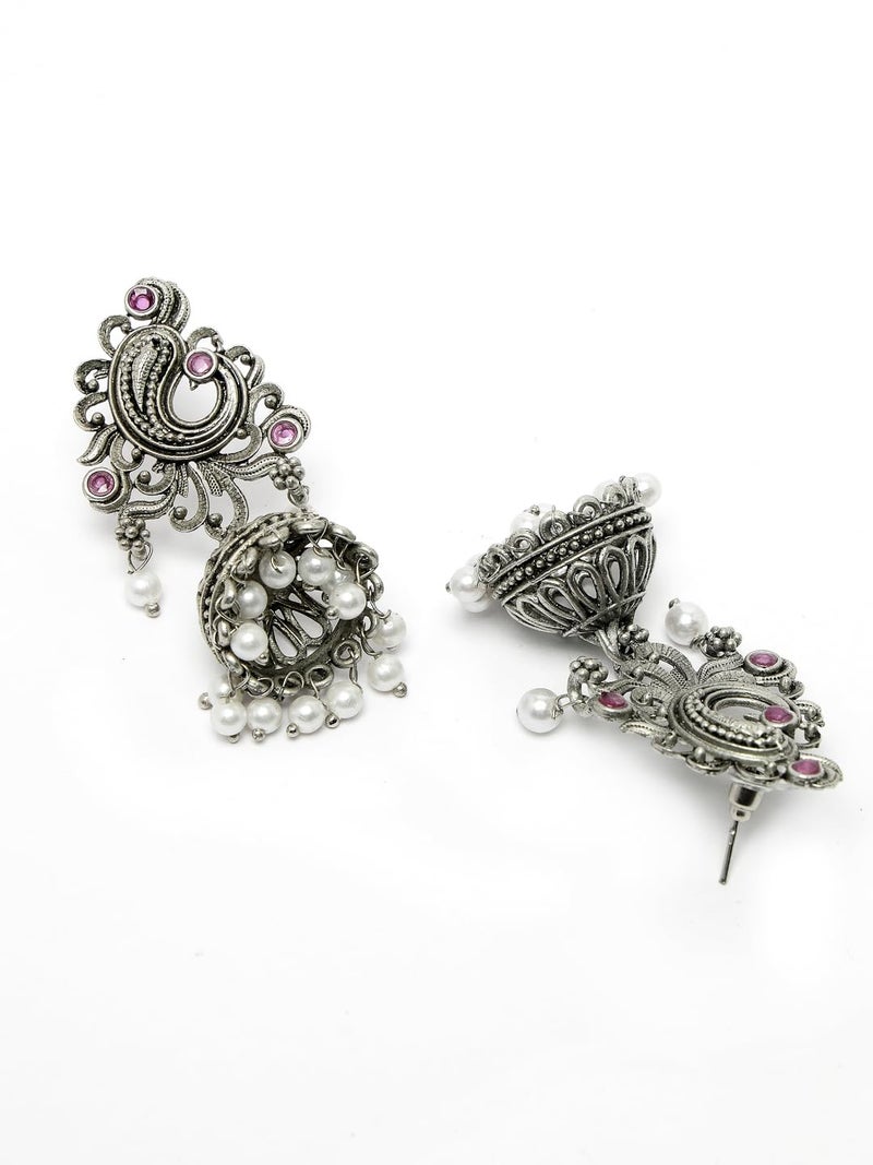 ADIVA Oxidised Silver-Plated Black Stone Studded & Pearls Peacock Shaped Drop Earrings Set for women, Traditional Stylish Jhumka for Girls Party, Wedding, Festive - Image 5