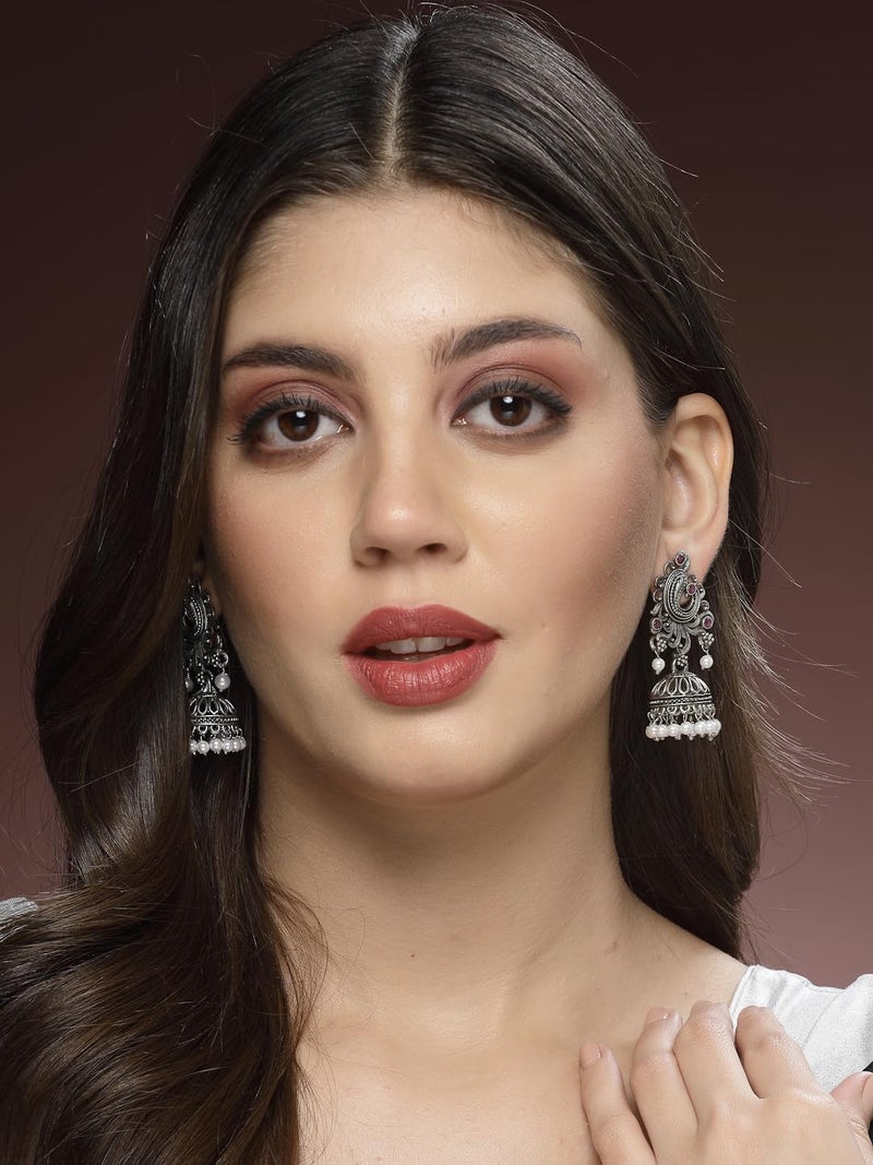 ADIVA Oxidised Silver-Plated Black Stone Studded & Pearls Peacock Shaped Drop Earrings Set for women, Traditional Stylish Jhumka for Girls Party, Wedding, Festive - Image 3
