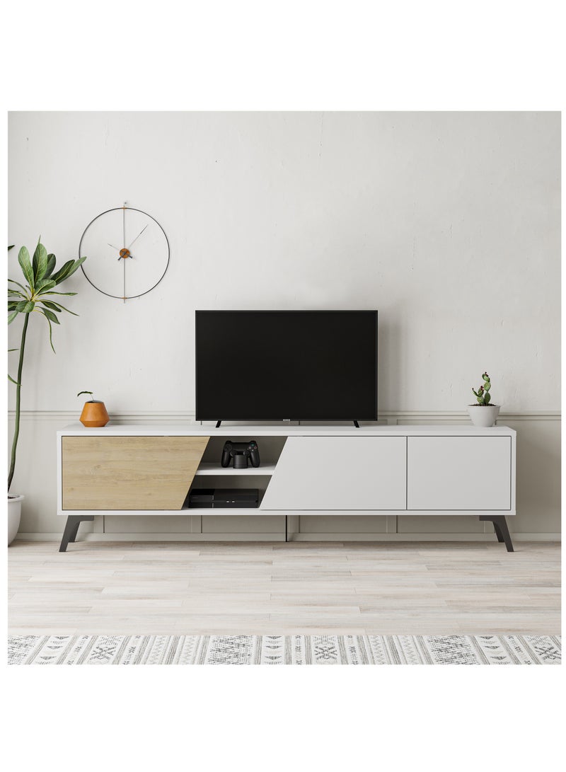 Mourah Home Fiona TV Cabinet Up To 70'' Inch TV| 3-Door and 2-Tier Storage Cabinet| TV Units for Living Room|180x35.6x48 cm|White/Oak - Image 1