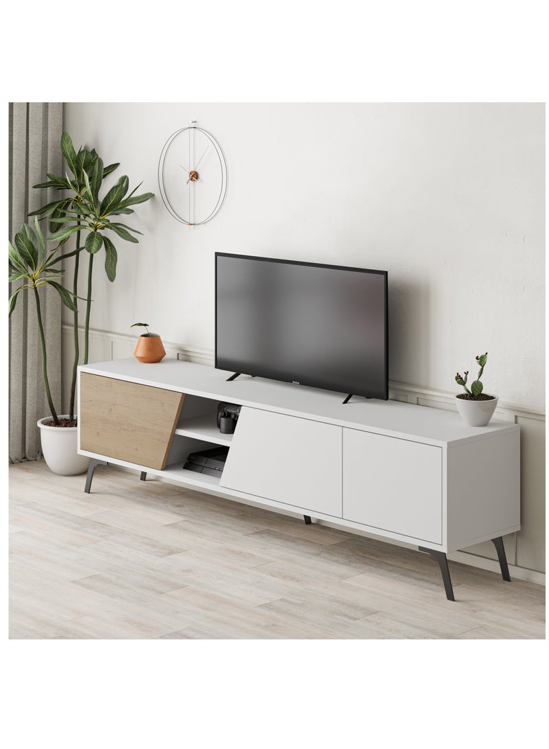 Mourah Home Fiona TV Cabinet Up To 70'' Inch TV| 3-Door and 2-Tier Storage Cabinet| TV Units for Living Room|180x35.6x48 cm|White/Oak - Image 2