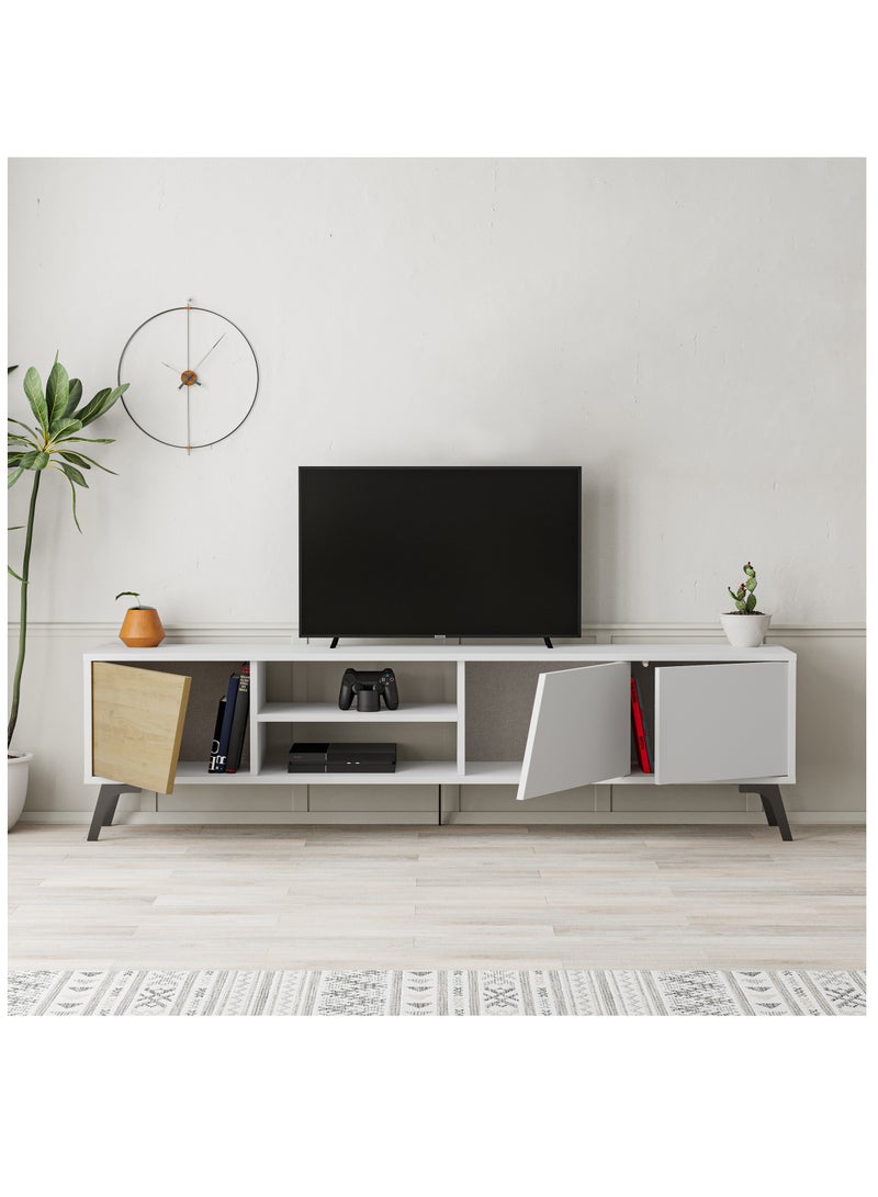 Mourah Home Fiona TV Cabinet Up To 70'' Inch TV| 3-Door and 2-Tier Storage Cabinet| TV Units for Living Room|180x35.6x48 cm|White/Oak - Image 3