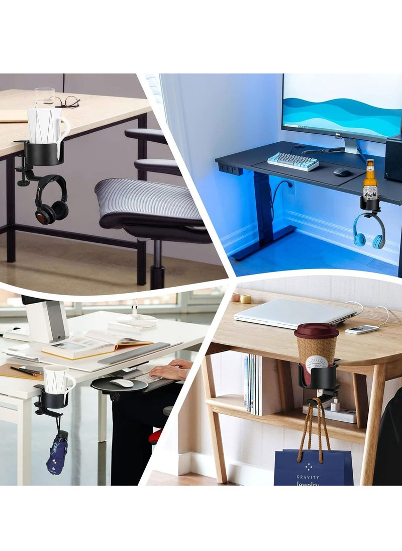 2-in-1 Headphone Stand & Desk Cup Holder, 360° Rotatable, with Cable Organizer, Black Gaming Headset Clamp.
