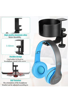 Oasisgalore 2-in-1 Headphone Stand & Desk Cup Holder, 360° Rotatable, with Cable Organizer, Black Gaming Headset Clamp.  - Image 3