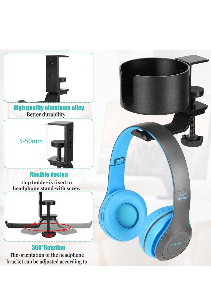Oasisgalore - 2-in-1 Headphone Stand & Desk Cup Holder, 360° Rotatable, with Cable Organizer, Black Gaming Headset Clamp. - Image 1