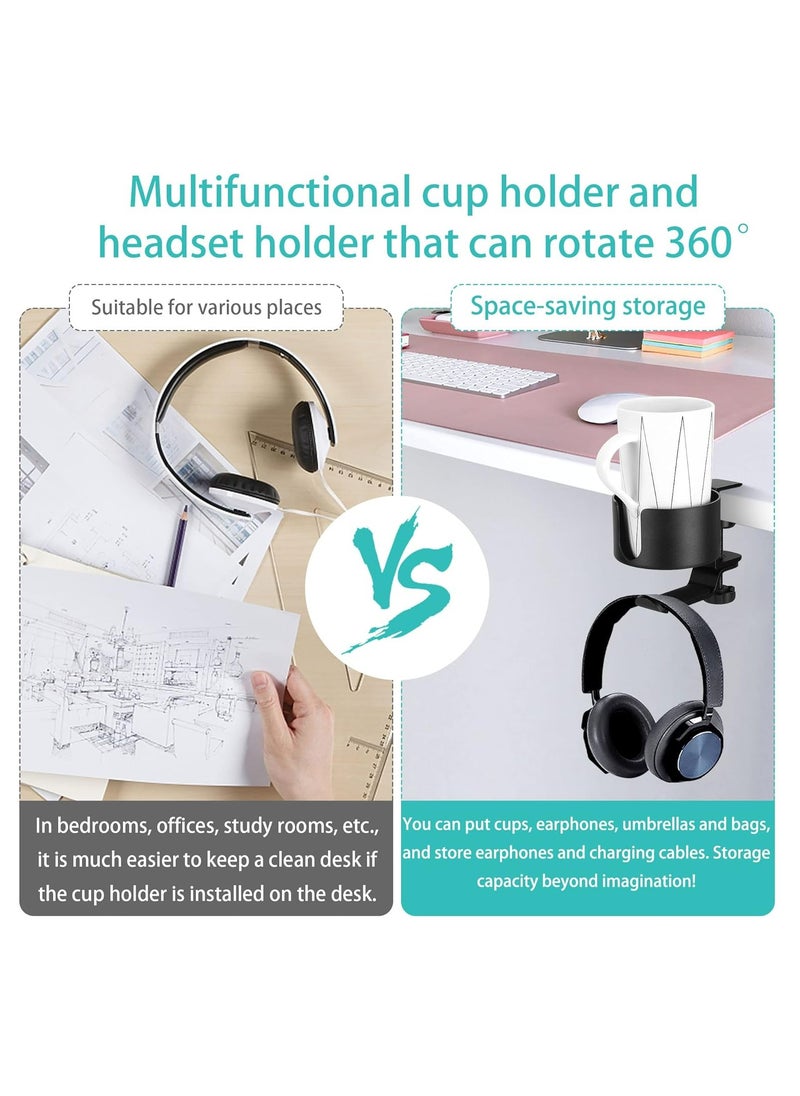 Oasisgalore - 2-in-1 Headphone Stand & Desk Cup Holder, 360° Rotatable, with Cable Organizer, Black Gaming Headset Clamp. - Image 1