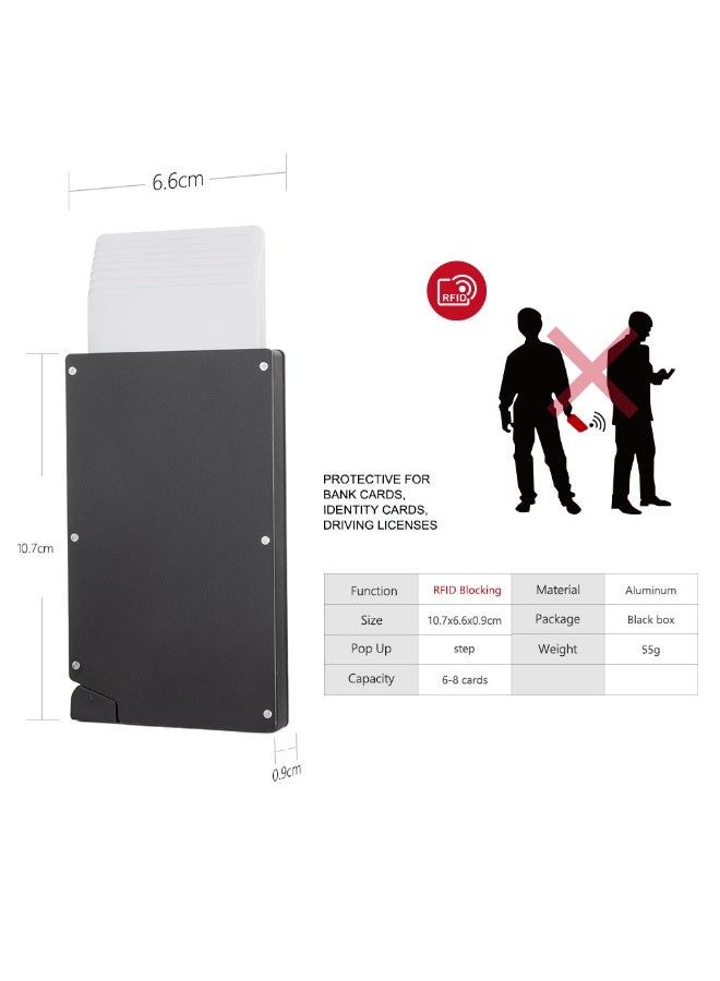 حافظة بطاقات ائتمان من سبائك الألمنيوم بتقنية حجب RFID مع آلية إخراج، محفظة معدنية نحيفة للرجال والنساء، تتسع لـ 6-8 بطاقات، حماية من المسح، حافظة بطاقات خفيفة الوزن مع جيب للعملات - Image 1
