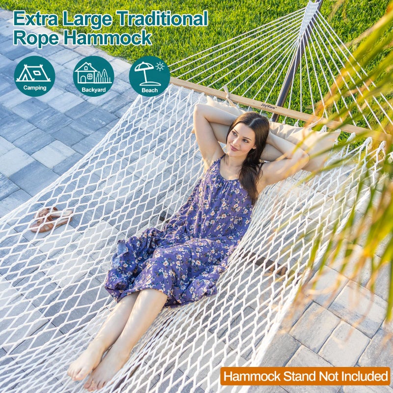 JoyView Traditional Rope Double Hammock - Hand Woven Cotton Hammock with Hardwood Spreader Bar and Pillow 450lb Capacity for Outdoor Indoor Patio Yard - Natural - Image 2