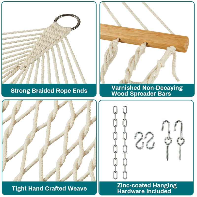 JoyView Traditional Rope Double Hammock - Hand Woven Cotton Hammock with Hardwood Spreader Bar and Pillow 450lb Capacity for Outdoor Indoor Patio Yard - Natural - Image 5