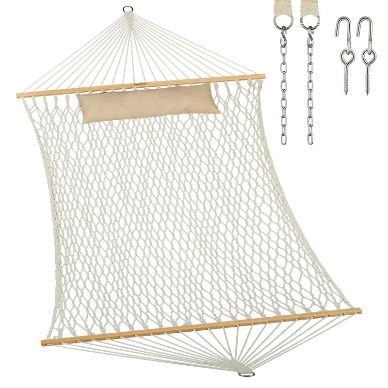 JoyView Traditional Rope Double Hammock - Hand Woven Cotton Hammock with Hardwood Spreader Bar and Pillow 450lb Capacity for Outdoor Indoor Patio Yard - Natural - Image 1
