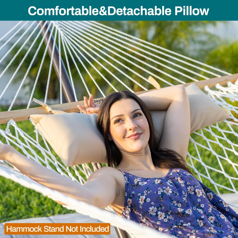 JoyView Traditional Rope Double Hammock - Hand Woven Cotton Hammock with Hardwood Spreader Bar and Pillow 450lb Capacity for Outdoor Indoor Patio Yard - Natural - Image 4