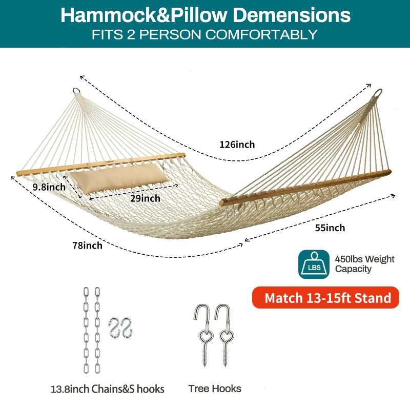 JoyView Traditional Rope Double Hammock - Hand Woven Cotton Hammock with Hardwood Spreader Bar and Pillow 450lb Capacity for Outdoor Indoor Patio Yard - Natural - Image 3