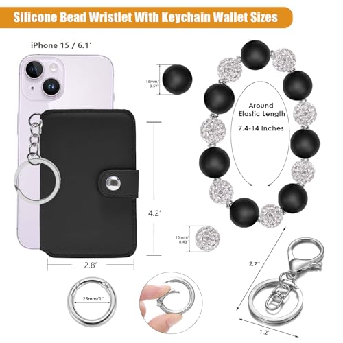 M-Plateau Wristlet Keychain With Wallet, Silicone Wrist Keychain with Credit Card Wallet, Beads Bracelets For Women For Travel Essentials (Black) - Image 2