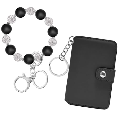 M-Plateau Wristlet Keychain With Wallet, Silicone Wrist Keychain with Credit Card Wallet, Beads Bracelets For Women For Travel Essentials (Black) - Image 1