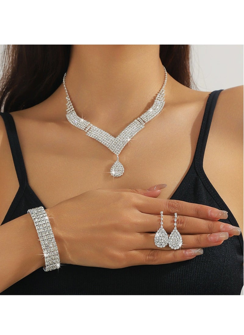 ماركة غير محددة - مجموعة مجوهرات فضية مرصعة بالكريستال للنساء، تتضمن قلادة وأقراط وسوار، مثالية للحفلات والمناسبات الخاصة - Image 1