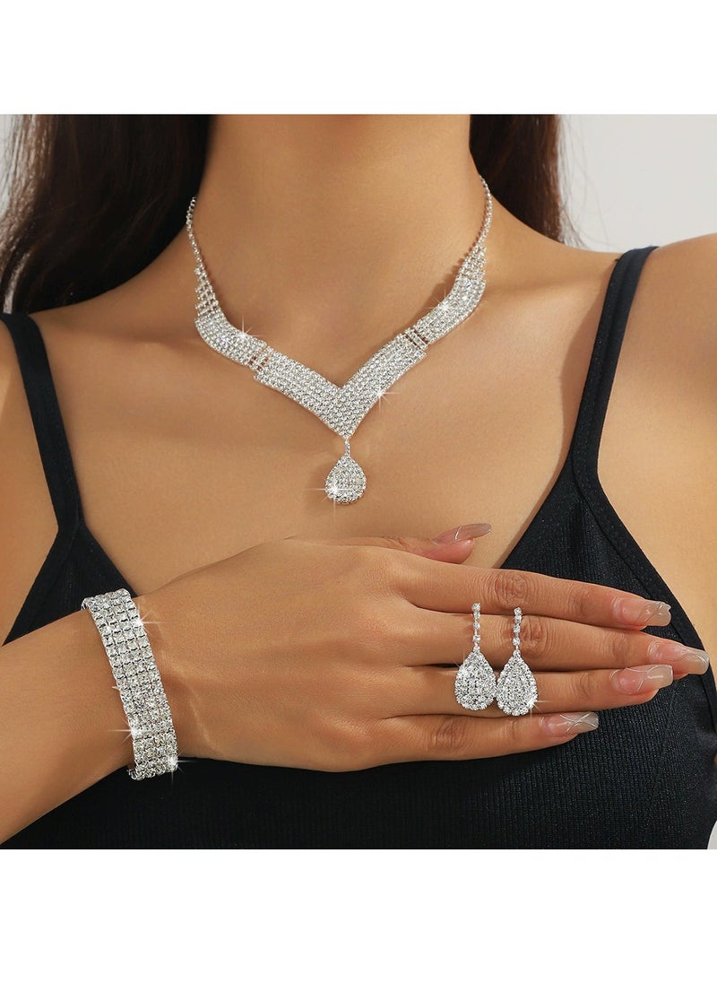 ماركة غير محددة - مجموعة مجوهرات فضية مرصعة بالكريستال للنساء، تتضمن قلادة وأقراط وسوار، مثالية للحفلات والمناسبات الخاصة - Image 1